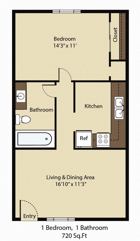 Floor plan for 1 bed, 1 bath, 720 sqft